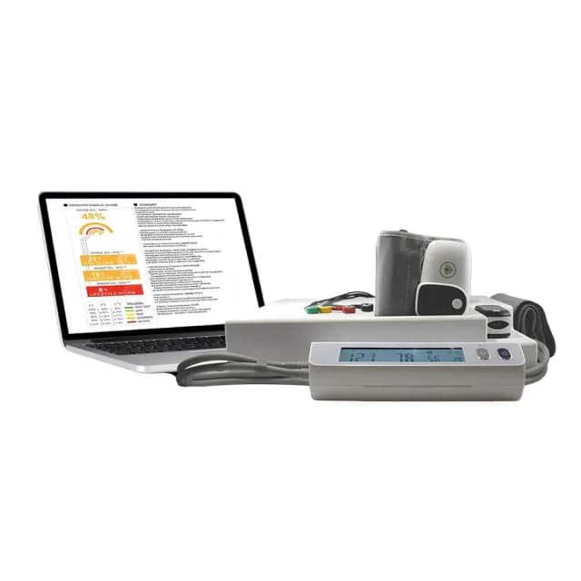 The C-MAT testing unit: a control console and blood pressure cuff beside a laptop displaying a patient's cardiometabolic score report