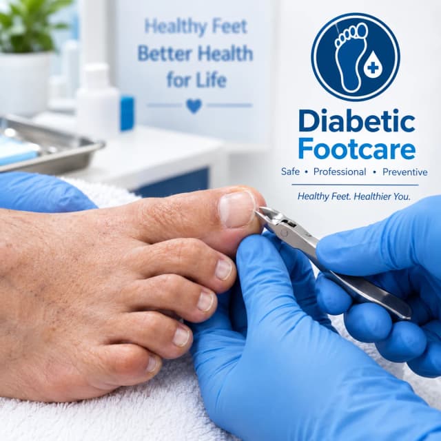 A gloved clinician trimming a patient's toenails, beside a Diabetic Footcare sign