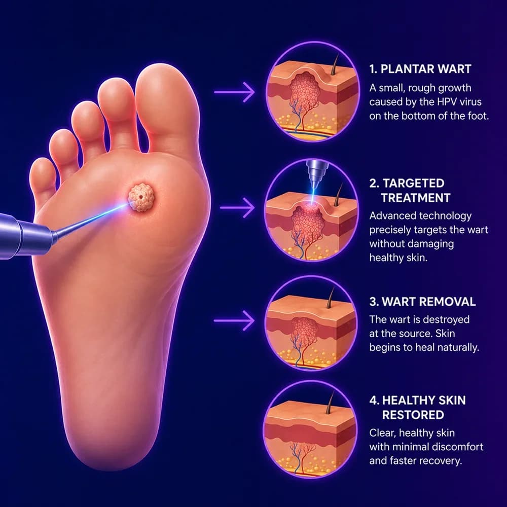 Illustration of a Swift wand treating a plantar wart, with the four treatment steps