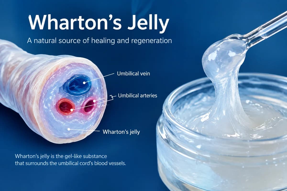 Illustration of an umbilical cord cross-section showing Wharton's jelly, beside a jar of clear gel