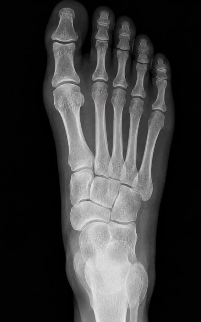 An X-ray of a foot showing the toe bones, metatarsals and midfoot