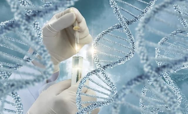 A gloved laboratory technician transferring a sample by pipette into a vial, over an illustrated DNA double helix