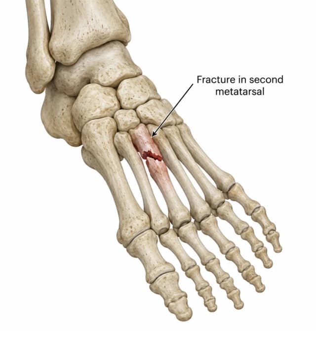Illustration of the foot's bones with a fracture in the second metatarsal