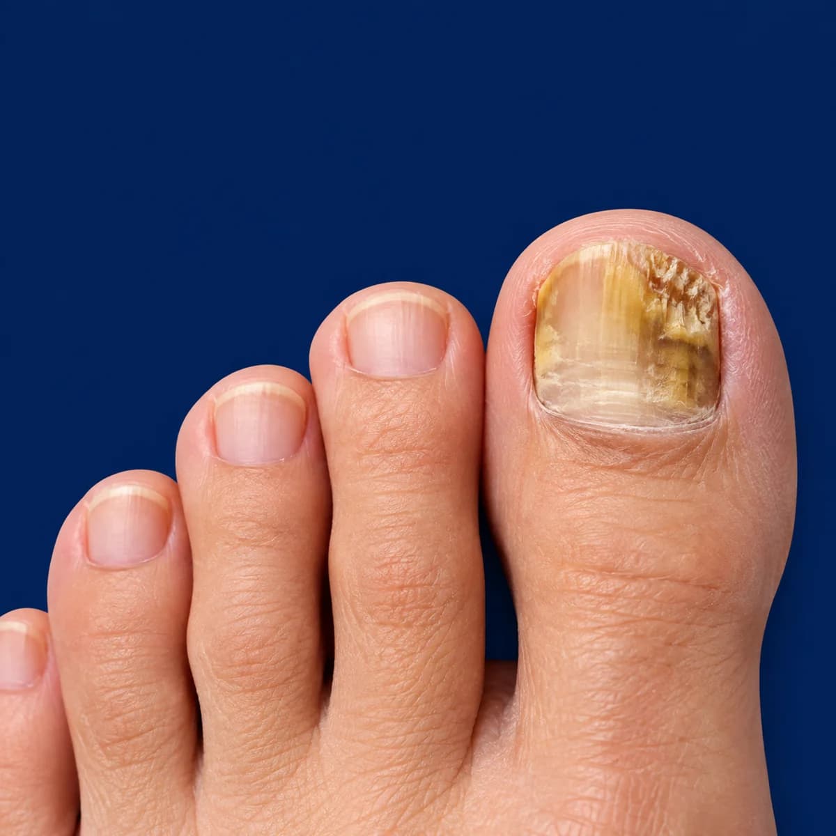 A big toe with a thickened, yellowed fungal toenail