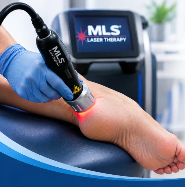 An MLS laser therapy handpiece held against a patient's foot