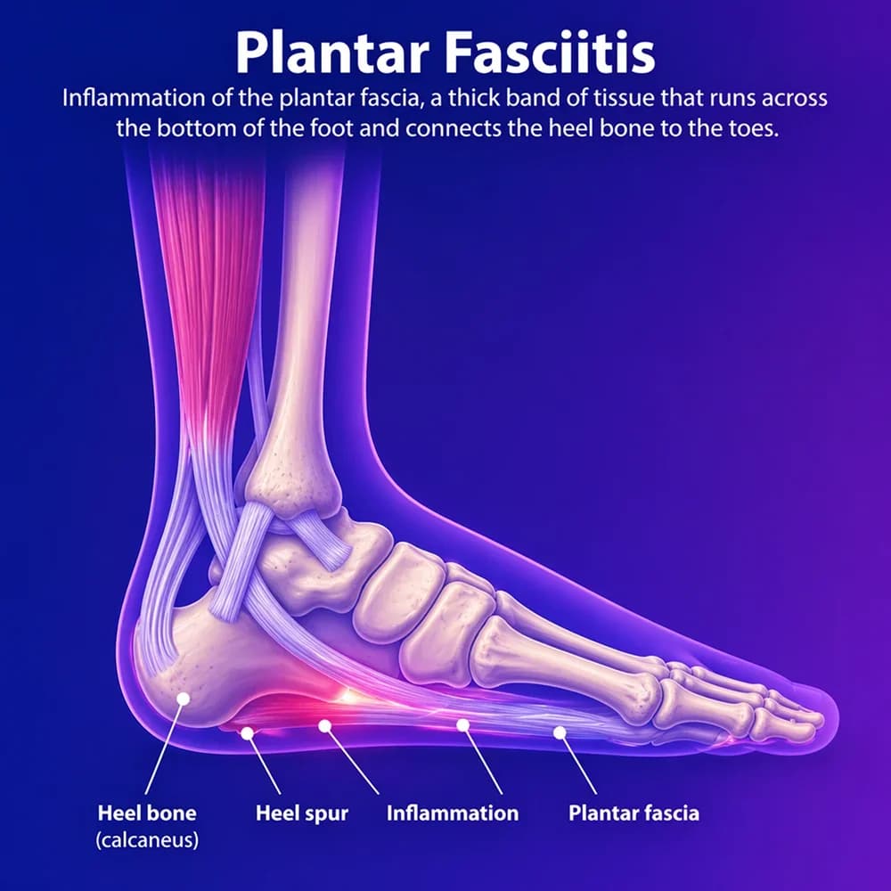 Illustration of the plantar fascia and heel showing where plantar fasciitis causes inflammation