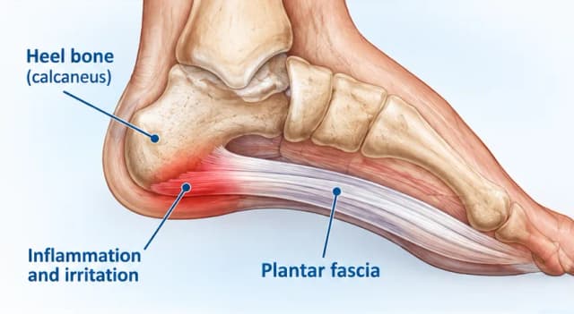Illustration of the heel bone and plantar fascia, showing where plantar fasciitis causes inflammation